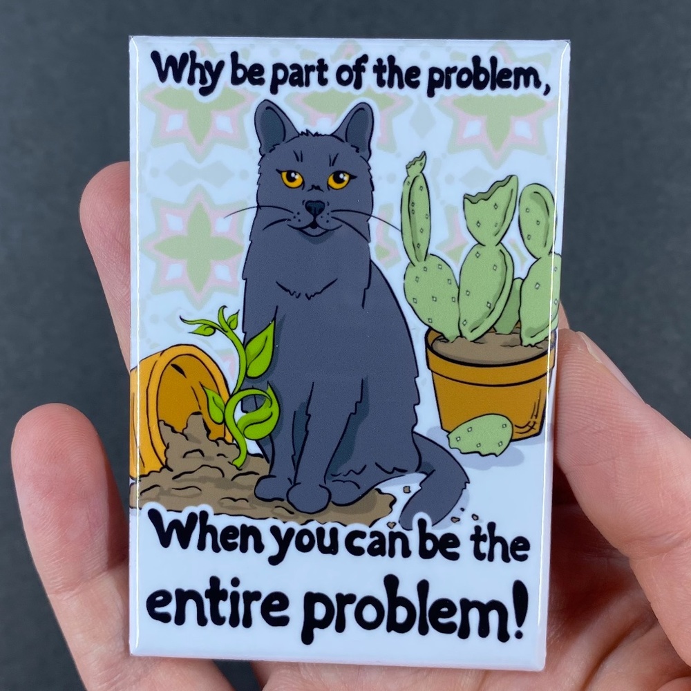 Black Cat & Plants Magnet, Funny Pet Portrait Decor Gift Handmade 2x3"